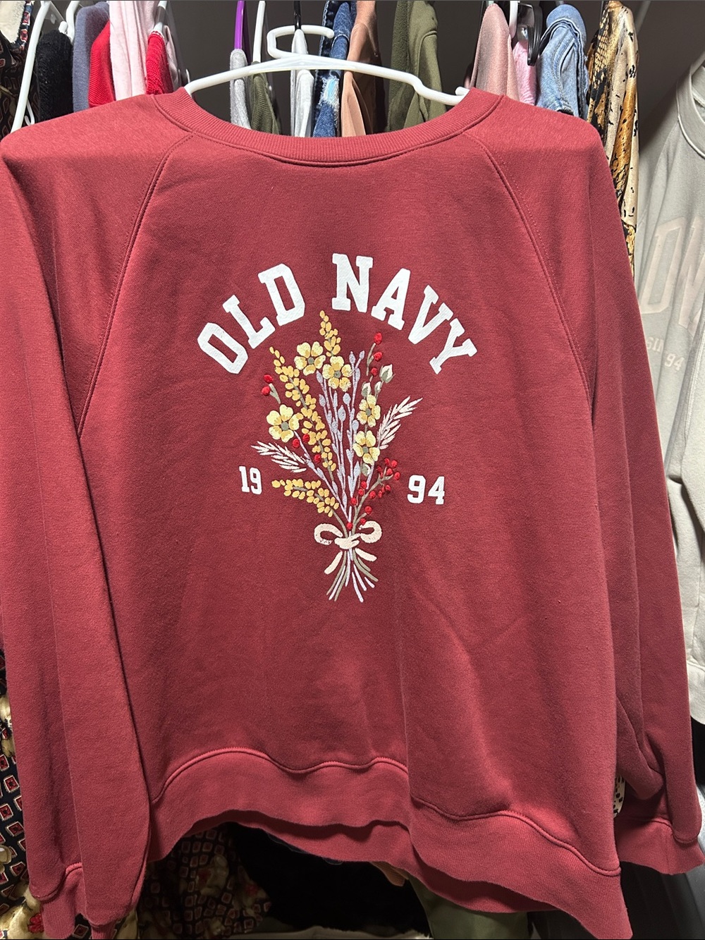 Old Navy Burgundy Floral Logo Pullover Sweatshirt